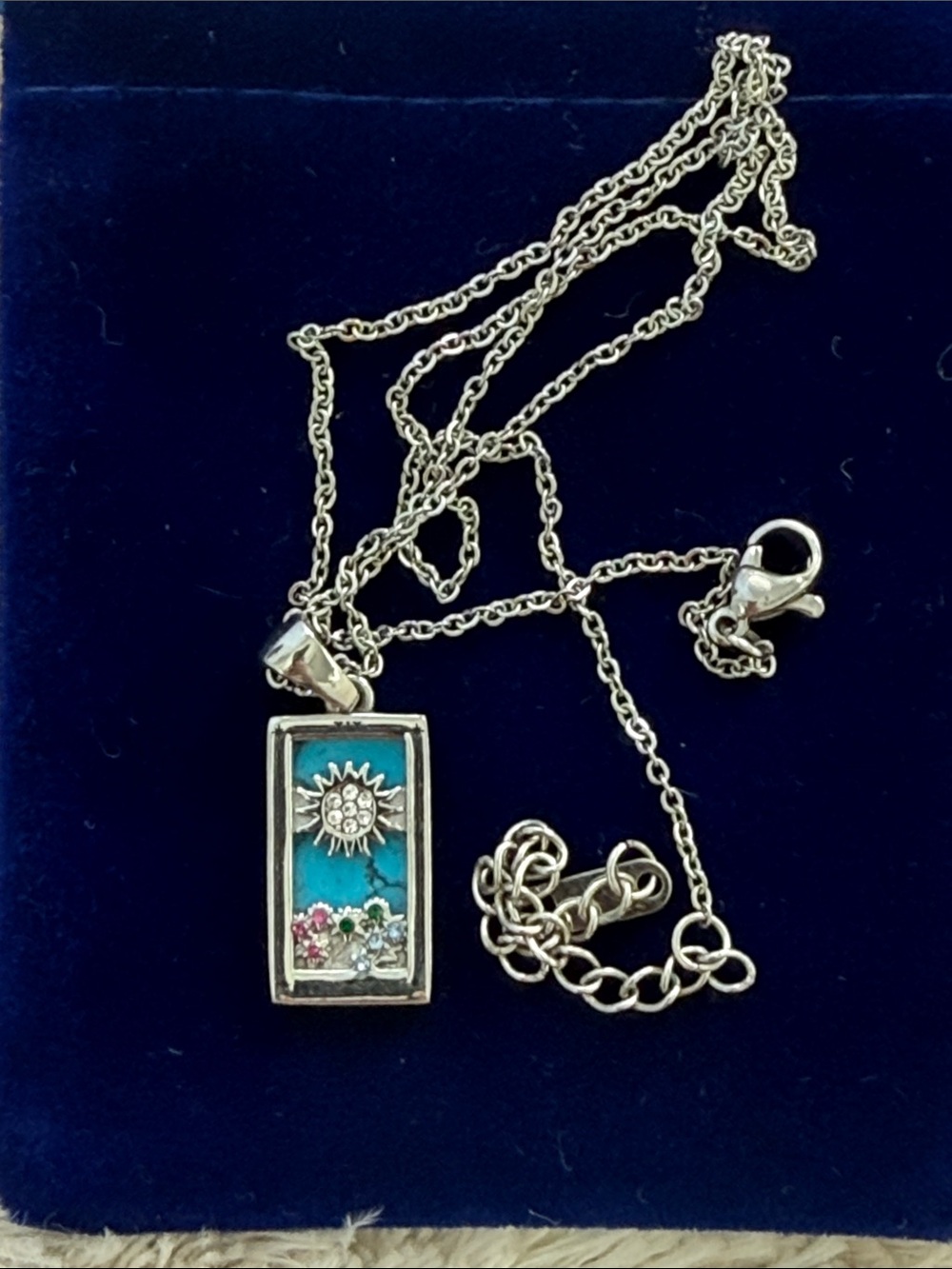 Tarot Card “ Sun” Stainess Steel Turquoise Sunflower Rectangular Pendant Necklac